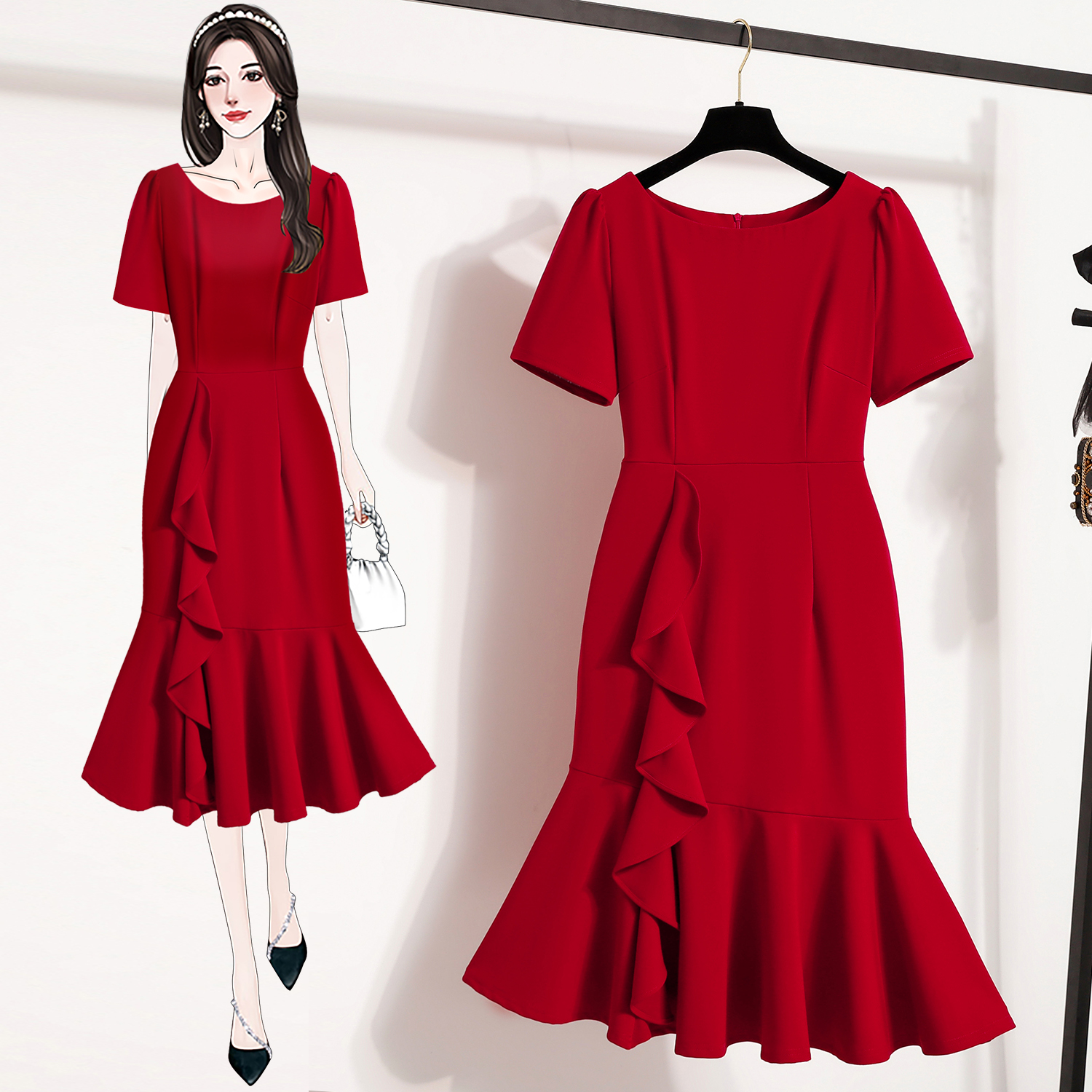 MY14840# 大码鱼尾连衣裙高级感新款女装名媛轻奢气质显瘦礼服裙子女裝...