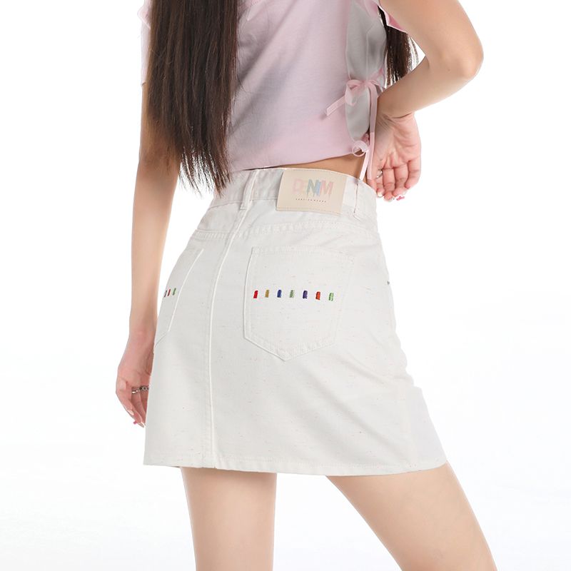 FA25849# 米白彩点高腰牛仔短裙夏季防走光百搭带内衬显瘦包臀裙 服裝批發女裝批發服飾貨源