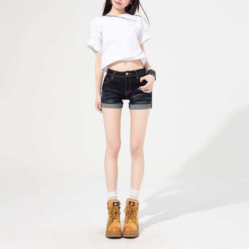 美式低腰復古深藍色翻邊設計牛仔褲女2026彈力辣妹夏季牛仔修身褲