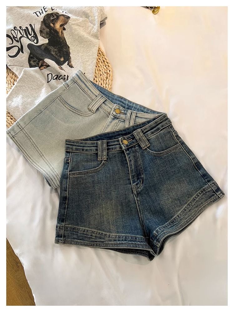 美式復古辣妹牛仔短褲女夏季新款高腰緊身彈力顯瘦百搭a字熱褲子