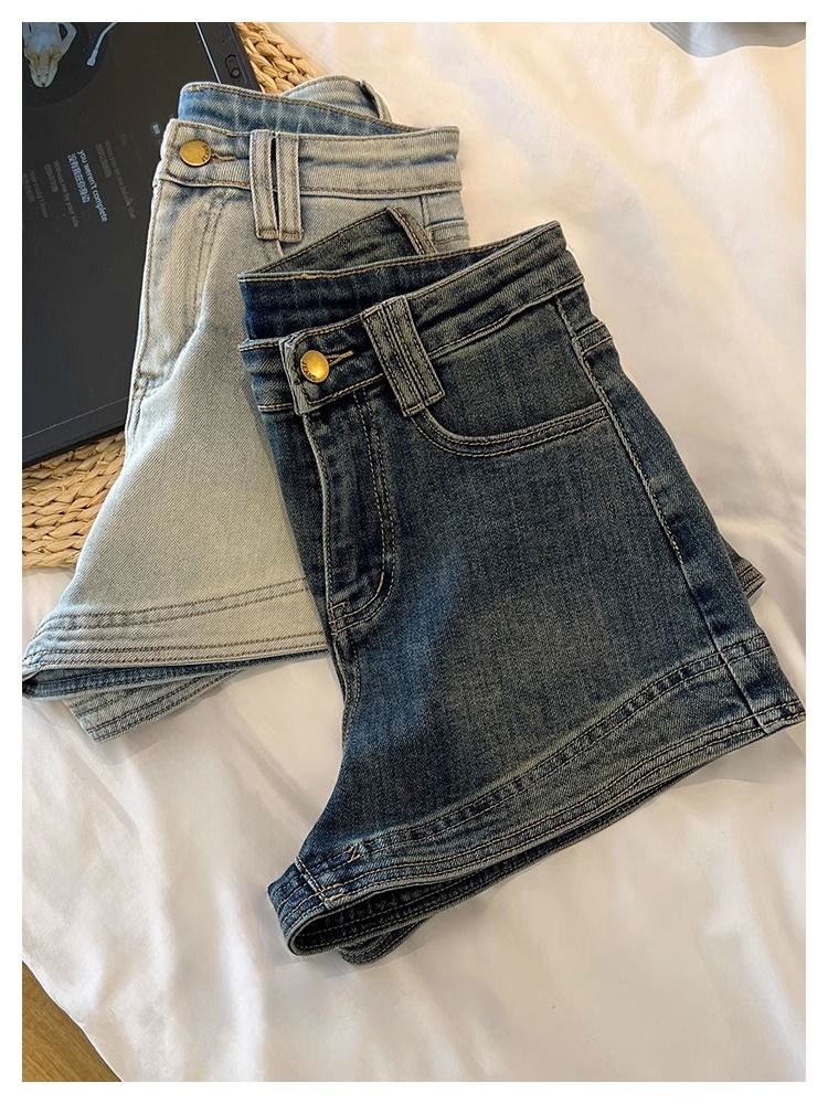 美式復古辣妹牛仔短褲女夏季新款高腰緊身彈力顯瘦百搭a字熱褲子