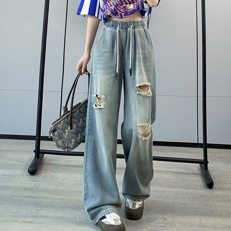 牛仔褲女秋破洞寬松緊高腰闊腿學生大碼女裝胖mm