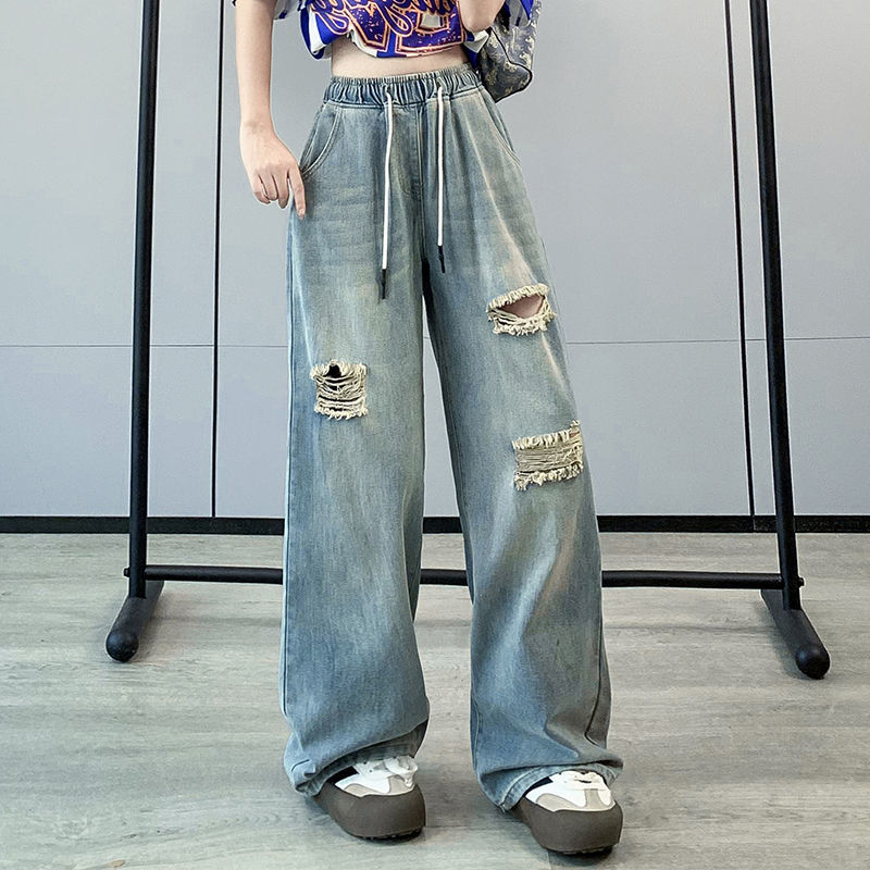 牛仔褲女秋破洞寬松緊高腰闊腿學生大碼女裝胖mm