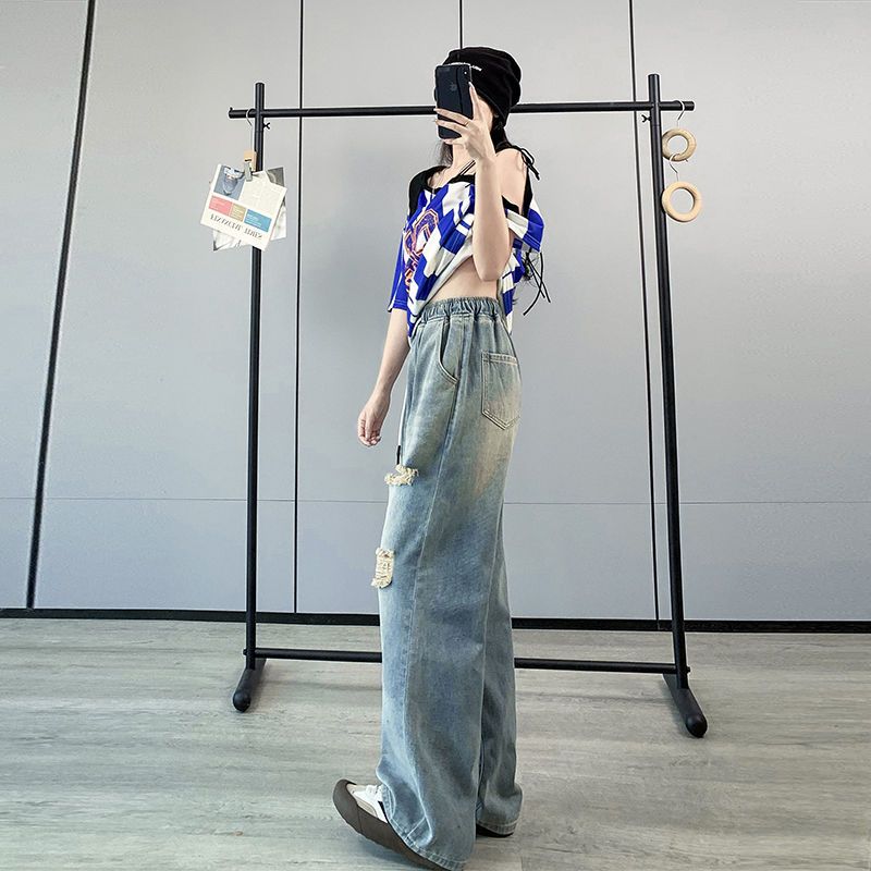 牛仔褲女秋破洞寬松緊高腰闊腿學生大碼女裝胖mm