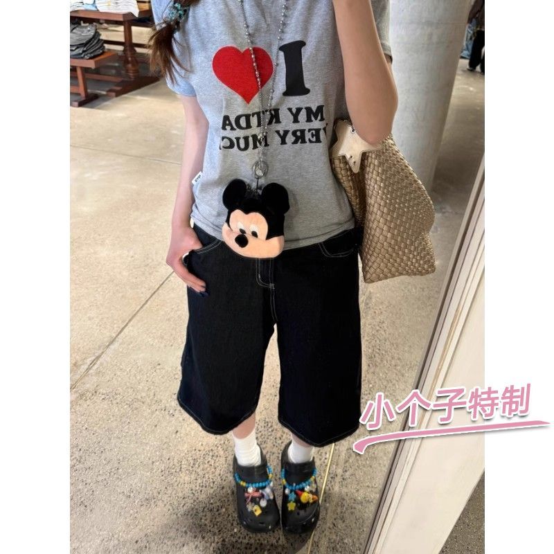 小個子美式復古高街深藍色牛仔七分褲女夏季寬松闊腿顯瘦直筒短褲