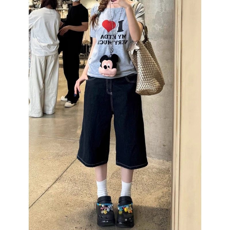 小個子美式復古高街深藍色牛仔七分褲女夏季寬松闊腿顯瘦直筒短褲