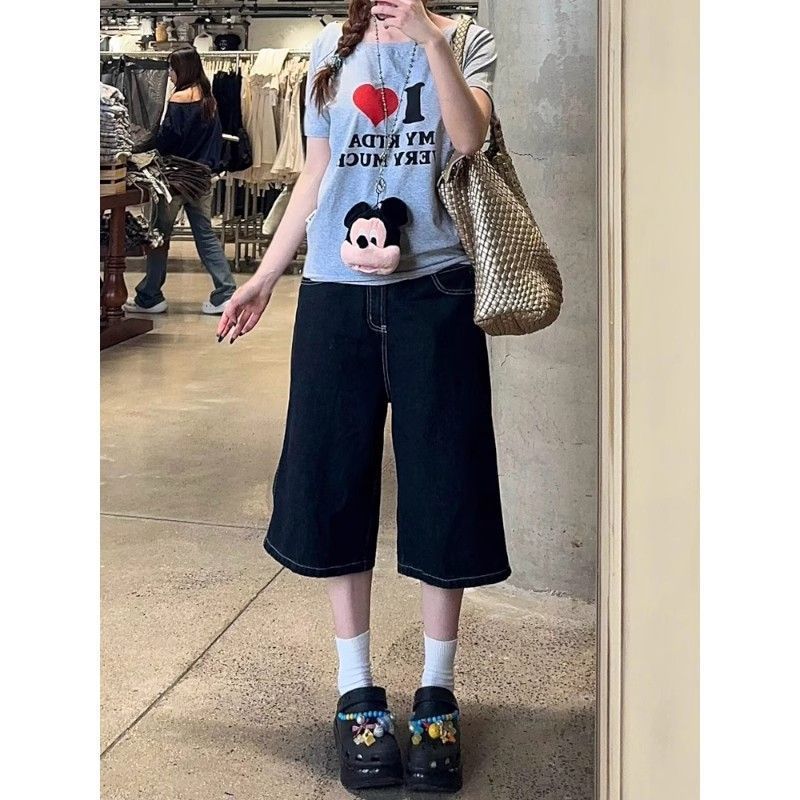 小個子美式復古高街深藍色牛仔七分褲女夏季寬松闊腿顯瘦直筒短褲