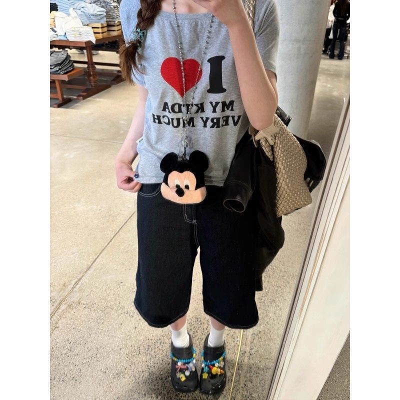 小個子美式復古高街深藍色牛仔七分褲女夏季寬松闊腿顯瘦直筒短褲