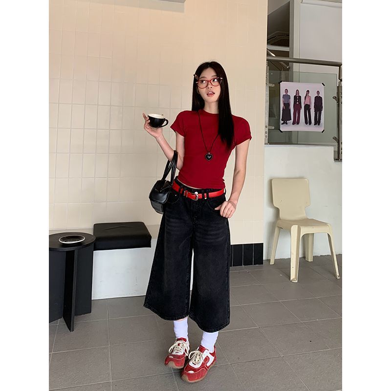 小個子美式黑灰色高腰闊腿牛仔七分褲夏季復古寬松百搭休閑直筒褲