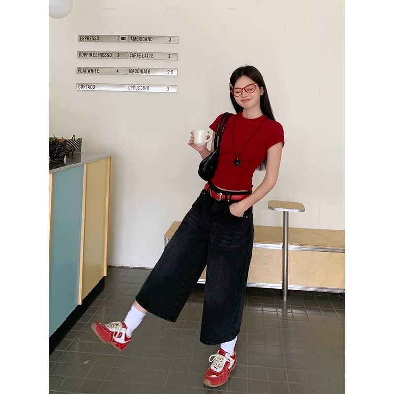 小個子美式黑灰色高腰闊腿牛仔七分褲夏季復古寬松百搭休閑直筒褲