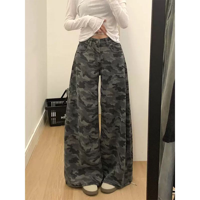 美式復古迷彩牛仔工裝褲女夏季新款慵懶風寬松顯瘦直筒大闊腿褲子
