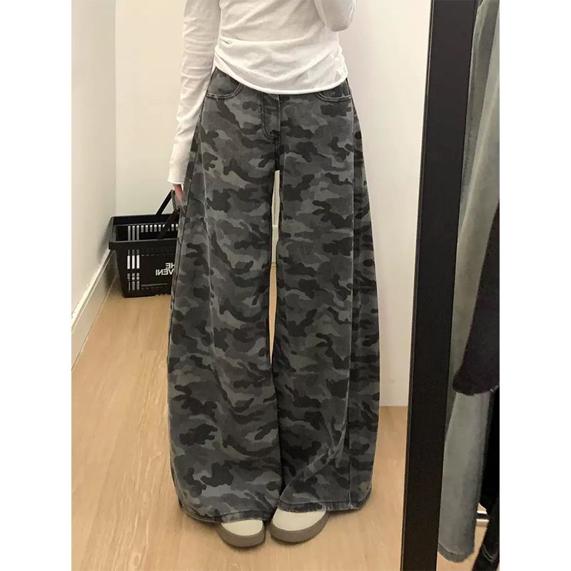 美式復古迷彩牛仔工裝褲女夏季新款慵懶風寬松顯瘦直筒大闊腿褲子