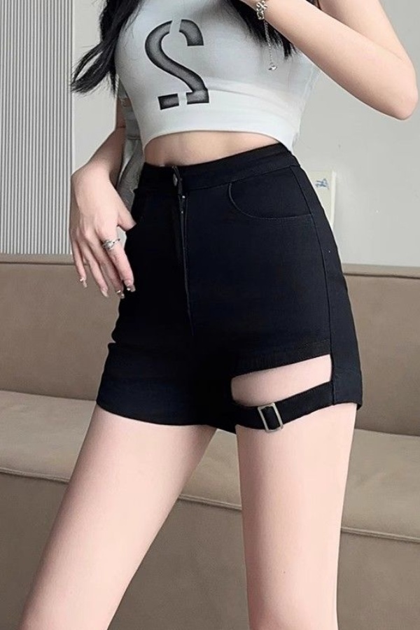 黑色高腰百搭牛仔短褲夏季顯瘦設計新款彈力美式緊身辣妹熱褲vibe