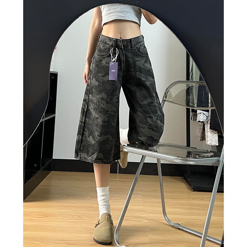 小個子水洗辣妹七分牛仔短褲女夏季新款高腰顯瘦寬松抓紋闊腿中褲