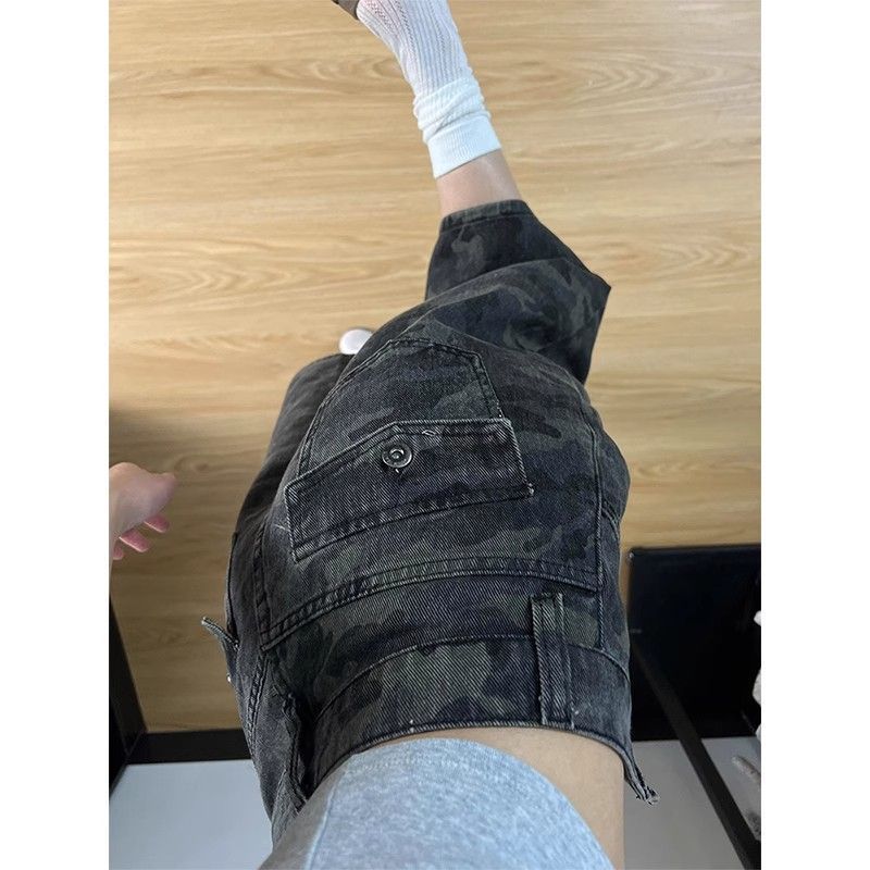 小個子水洗辣妹七分牛仔短褲女夏季新款高腰顯瘦寬松抓紋闊腿中褲