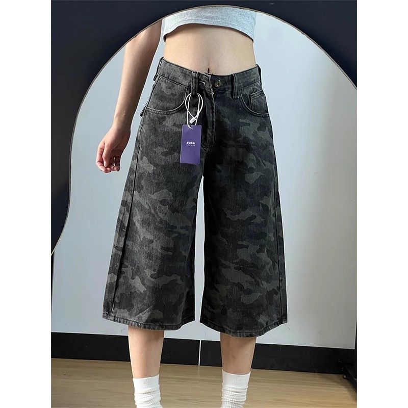 小個子水洗辣妹七分牛仔短褲女夏季新款高腰顯瘦寬松抓紋闊腿中褲