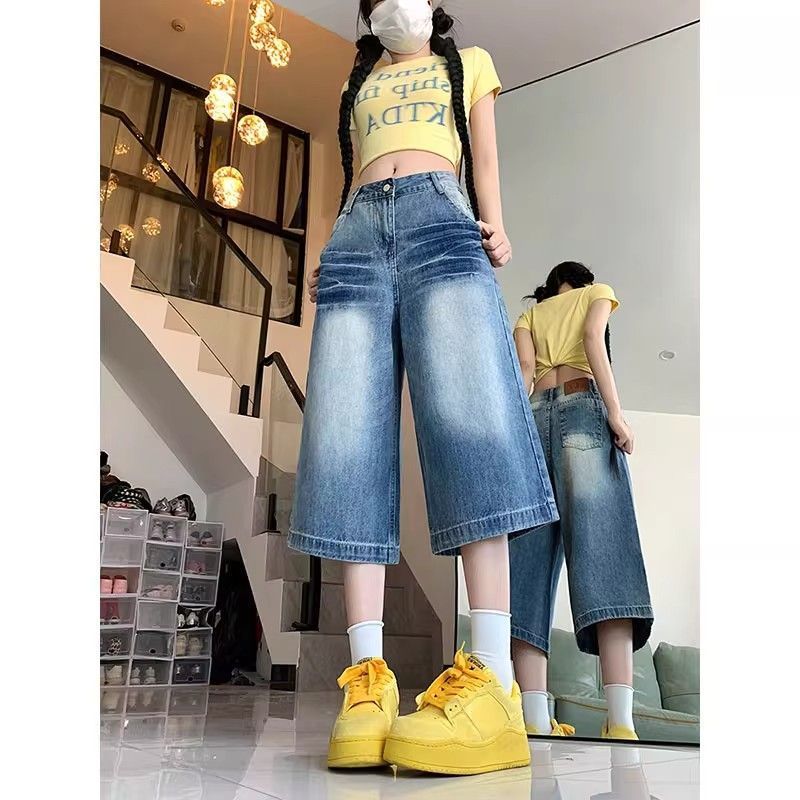小個子七分牛仔短褲女夏季薄款直筒寬松高腰顯瘦百搭中褲7分褲子