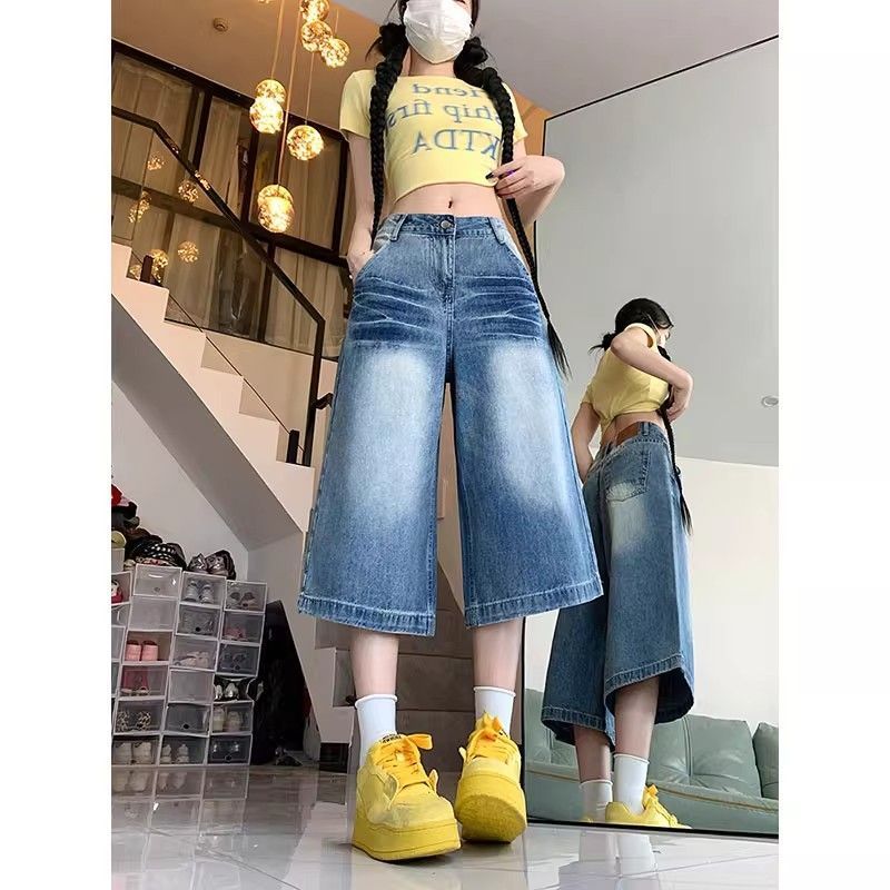 小個子七分牛仔短褲女夏季薄款直筒寬松高腰顯瘦百搭中褲7分褲子