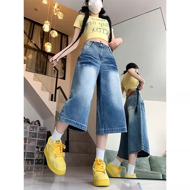 小個子七分牛仔短褲女夏季薄款直筒寬松高腰顯瘦百搭中褲7分褲子