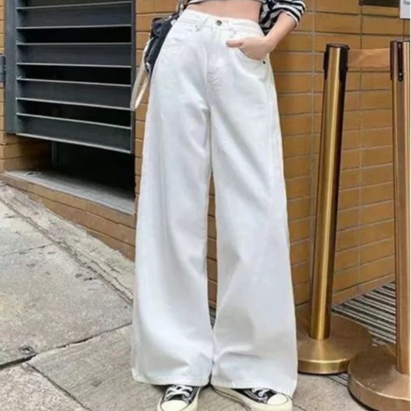白色闊腿鐮刀牛仔褲女夏季新款高腰寬松顯瘦設計感百搭拖地彎刀褲