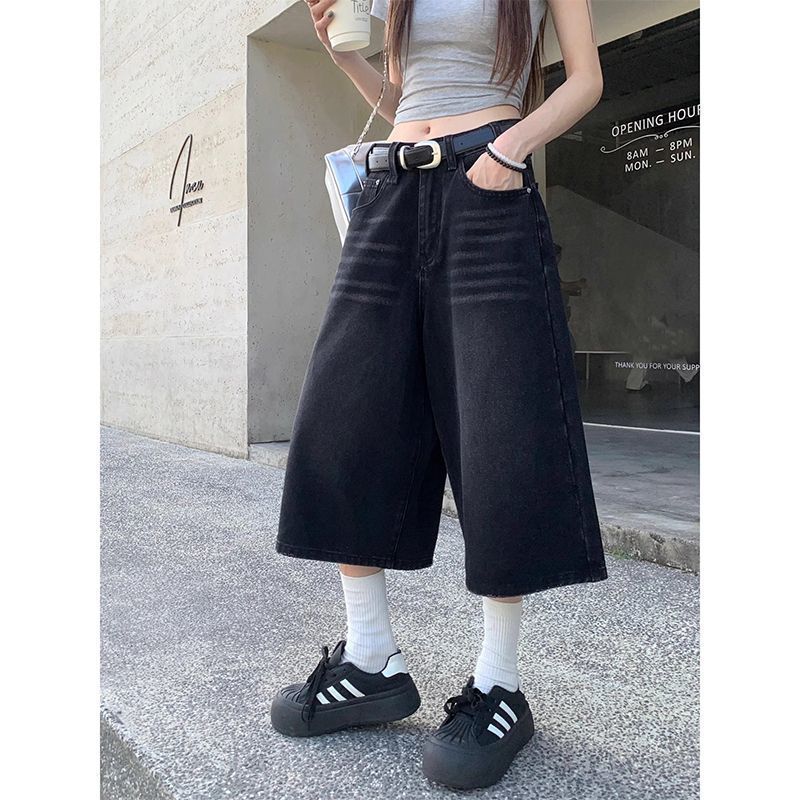 小個子美式復古七分褲黑色牛仔褲女夏季寬松直筒褲中褲顯瘦褲子