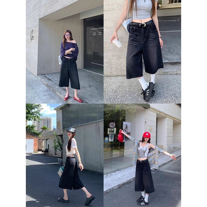 小個子美式復古七分褲黑色牛仔褲女夏季寬松直筒褲中褲顯瘦褲子