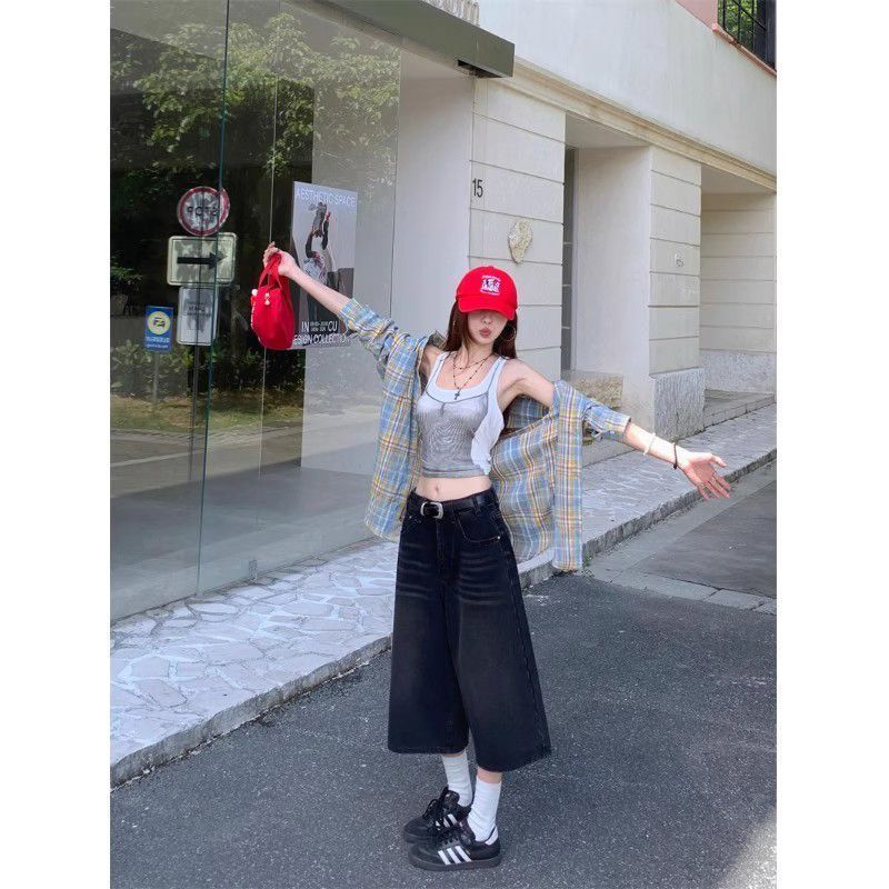 小個子美式復古七分褲黑色牛仔褲女夏季寬松直筒褲中褲顯瘦褲子