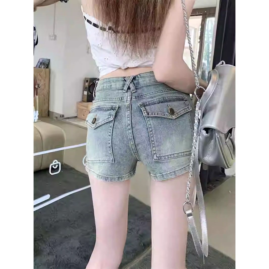 側拉鏈高腰復古牛仔短褲女夏季薄款設計小眾辣妹緊身包臀闊腿熱褲