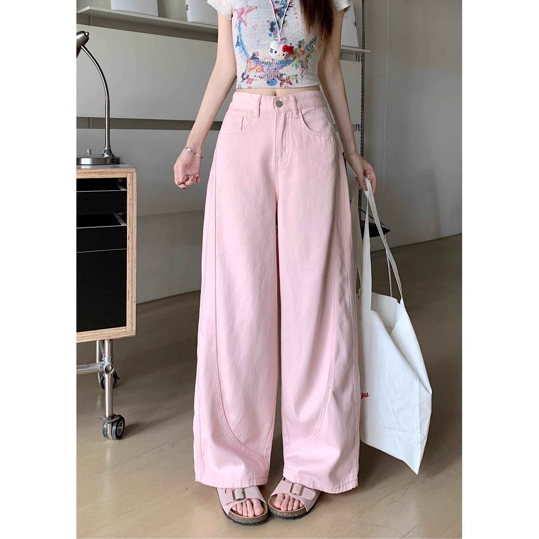 甜美學院風減齡粉色彎刀闊腿牛仔褲女夏季寬松顯瘦百搭直筒褲長褲