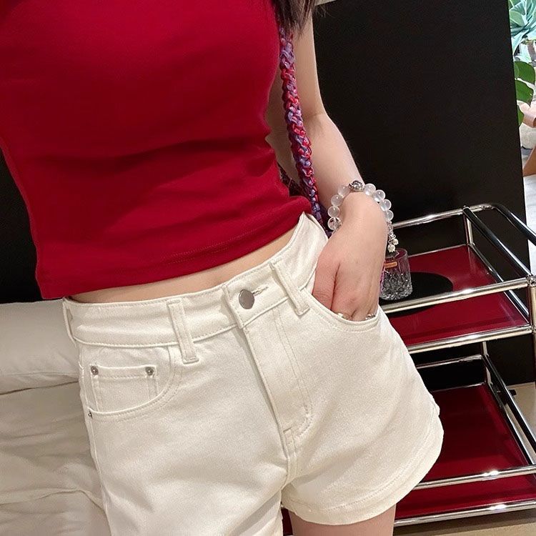 白色牛仔短褲女2026年夏日百搭闊腿褲彈力顯瘦高腰開叉A字熱褲