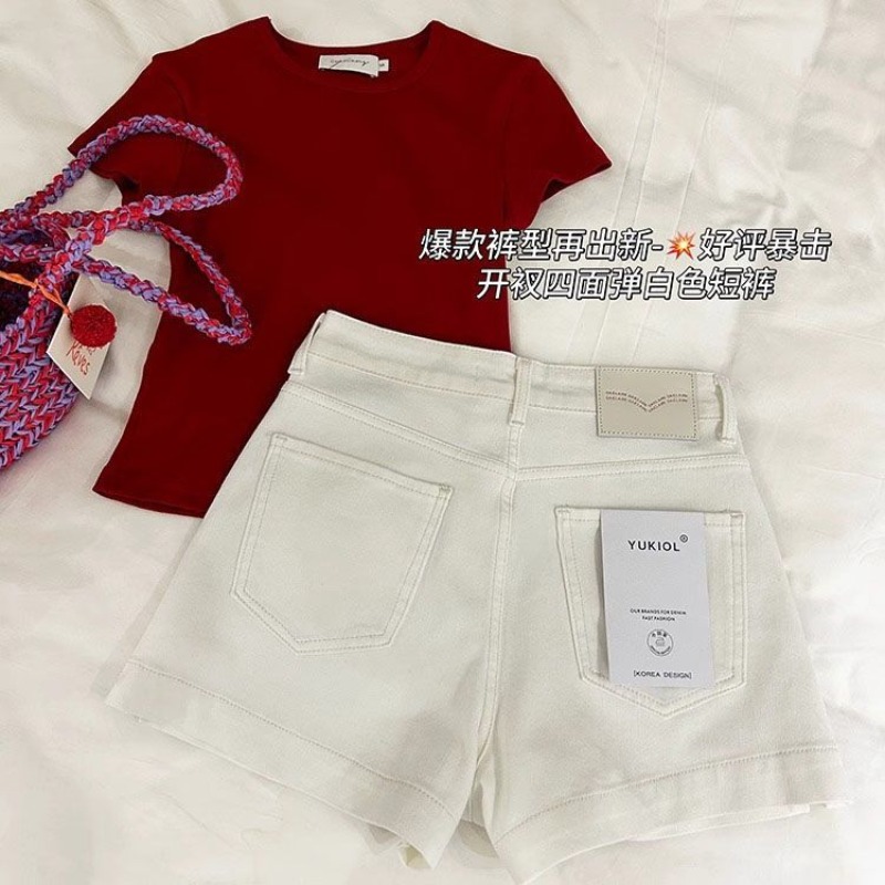 白色牛仔短褲女2026年夏日百搭闊腿褲彈力顯瘦高腰開叉A字熱褲
