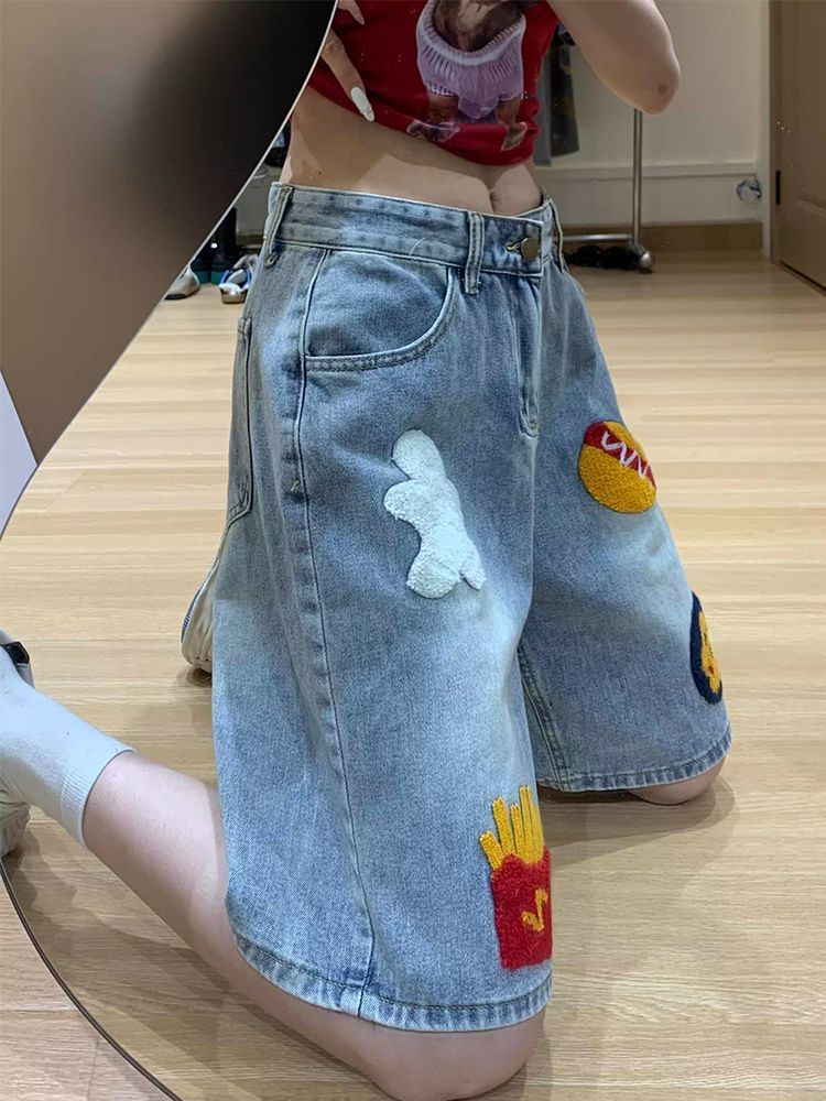 小個子美式復古漢堡薯條毛巾繡牛仔短褲女夏季寬松闊腿直筒五分褲