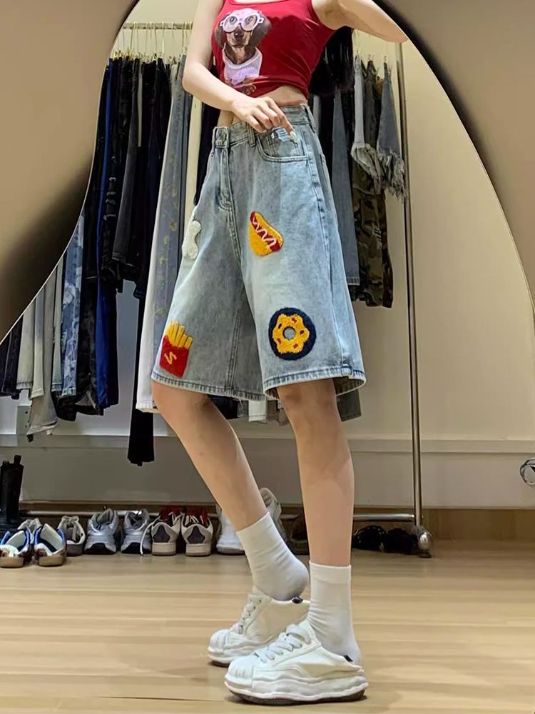 小個子美式復古漢堡薯條毛巾繡牛仔短褲女夏季寬松闊腿直筒五分褲