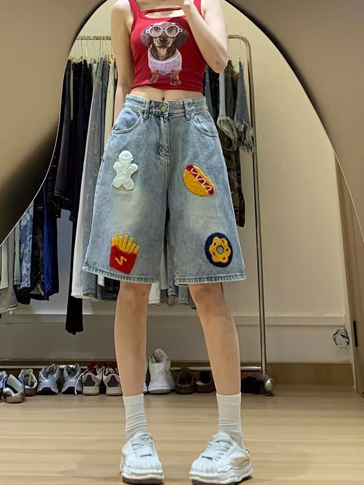 小個子美式復古漢堡薯條毛巾繡牛仔短褲女夏季寬松闊腿直筒五分褲