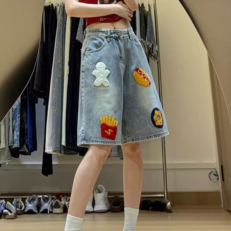 小個子美式復古漢堡薯條毛巾繡牛仔短褲女夏季寬松闊腿直筒五分褲