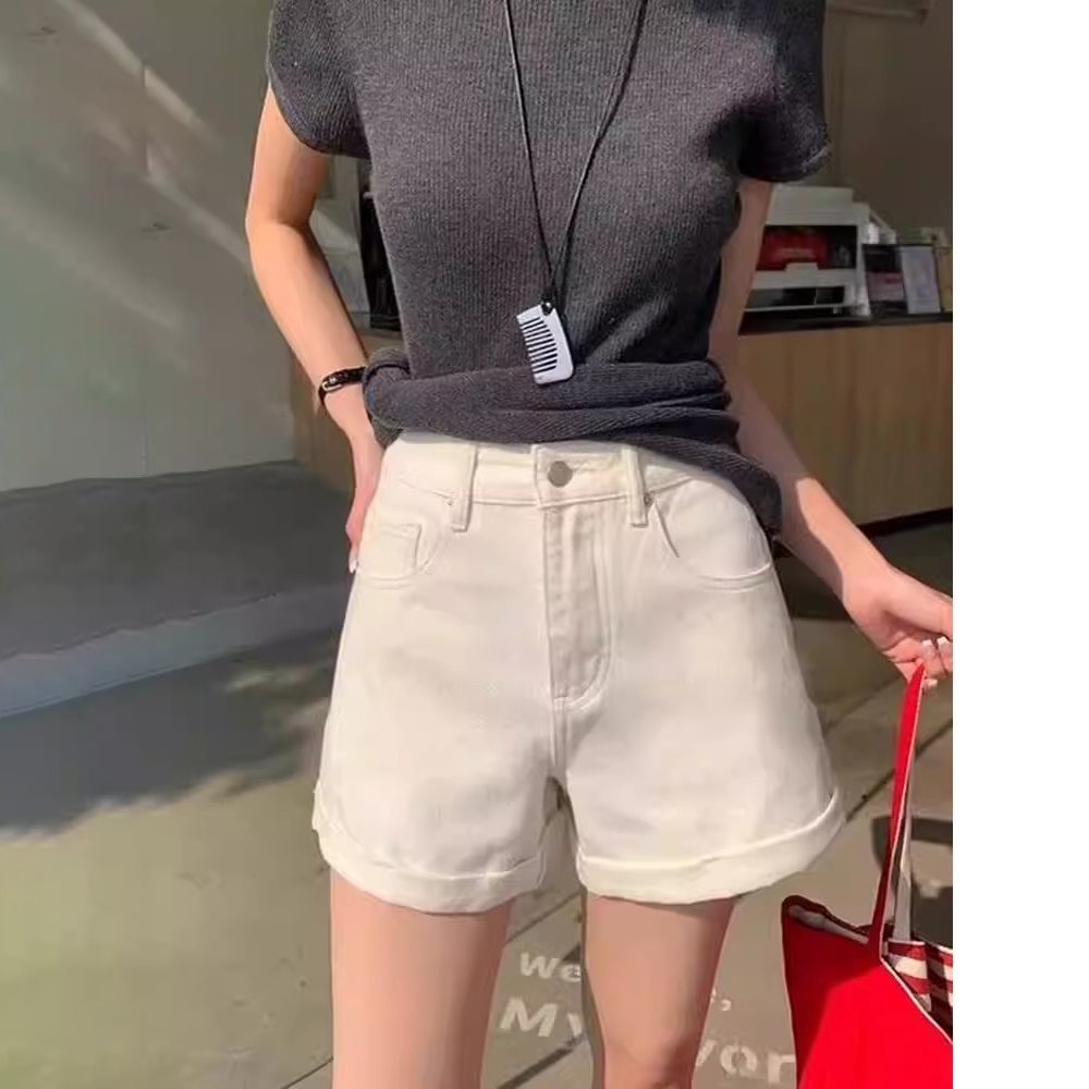 卷邊闊腿牛仔短褲女2026夏季新款高腰薄款寬松顯瘦白色辣妹熱褲子