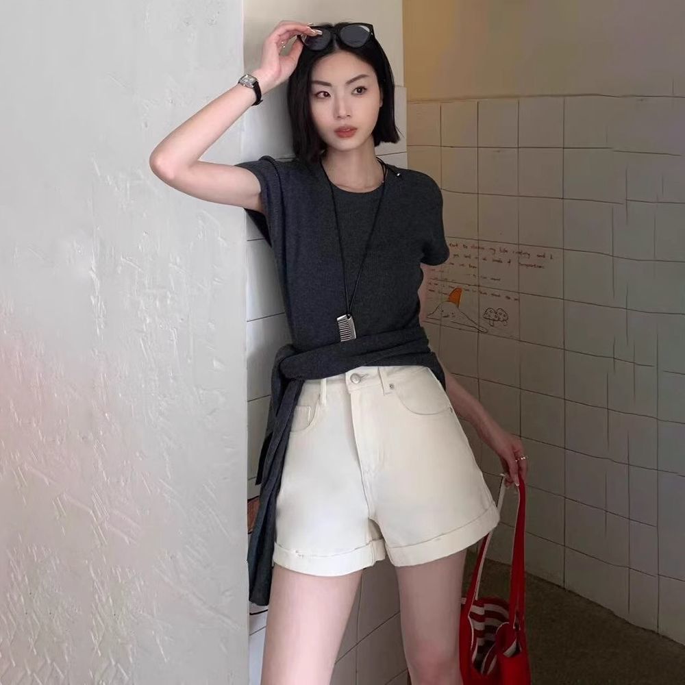 卷邊闊腿牛仔短褲女2026夏季新款高腰薄款寬松顯瘦白色辣妹熱褲子