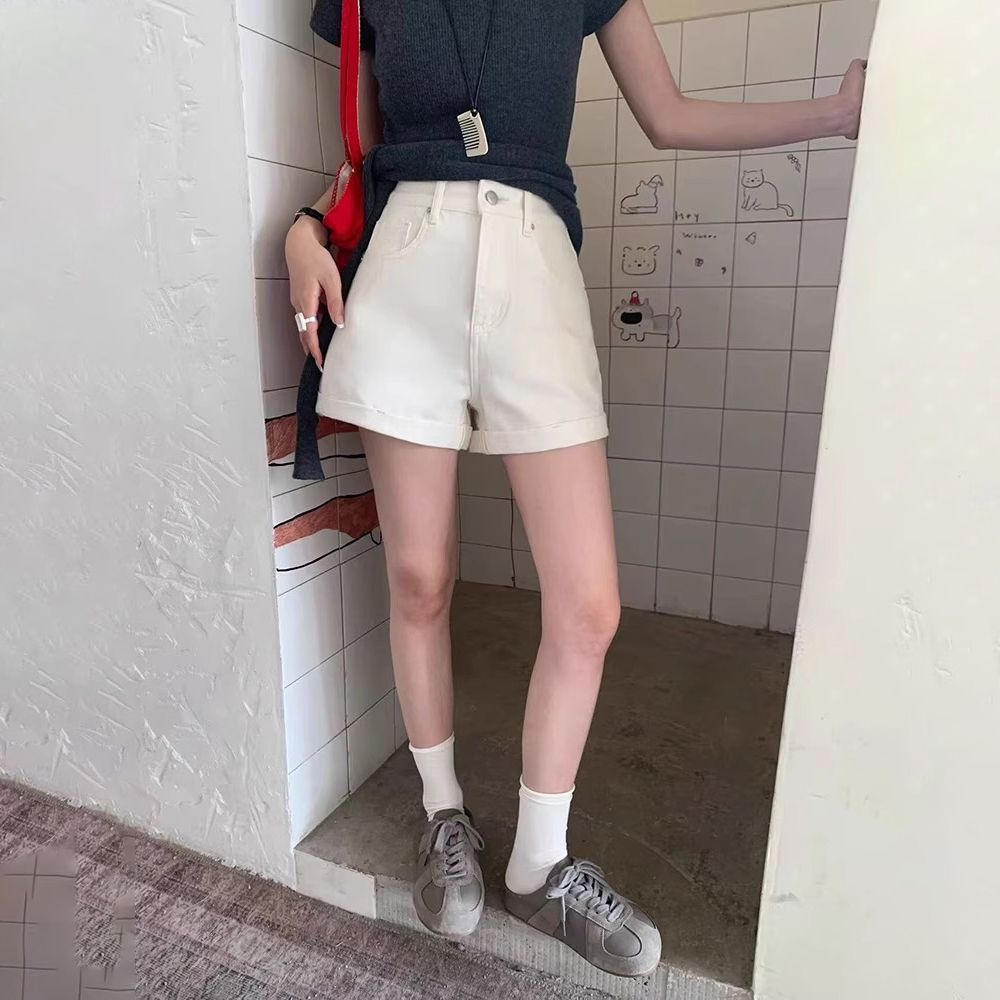 卷邊闊腿牛仔短褲女2026夏季新款高腰薄款寬松顯瘦白色辣妹熱褲子