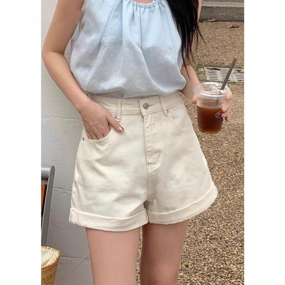 2026夏季新款高腰白色牛仔短褲女夏小個子寬松顯瘦百搭A字三分褲