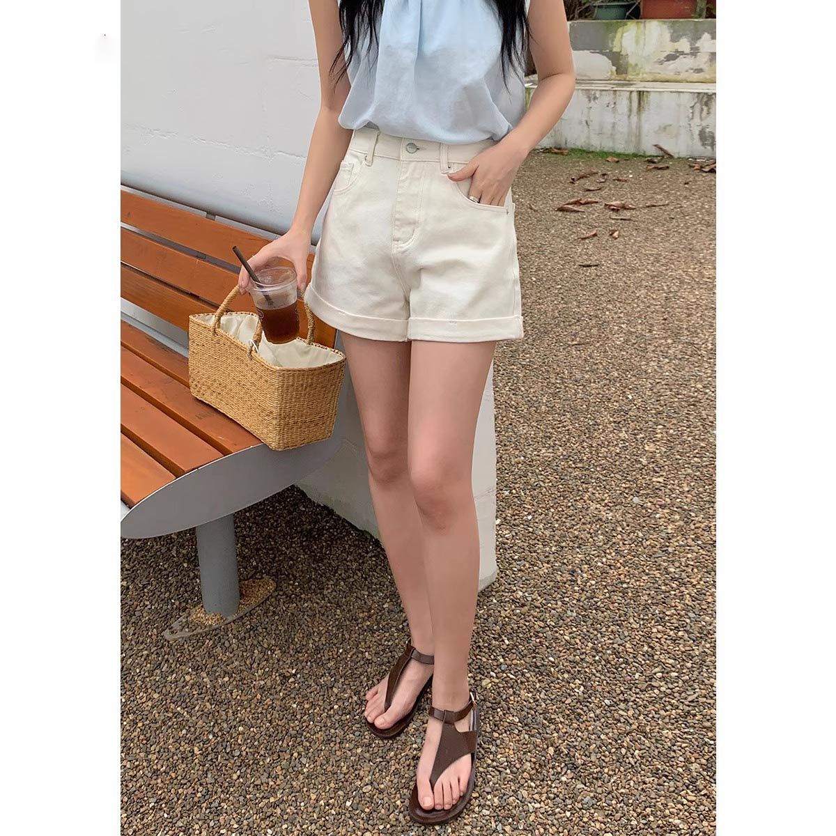 2026夏季新款高腰白色牛仔短褲女夏小個子寬松顯瘦百搭A字三分褲