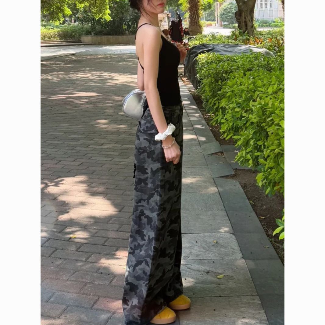 美式工裝闊腿迷彩牛仔褲女2026新款復古高腰寬松顯瘦直筒拖地褲子