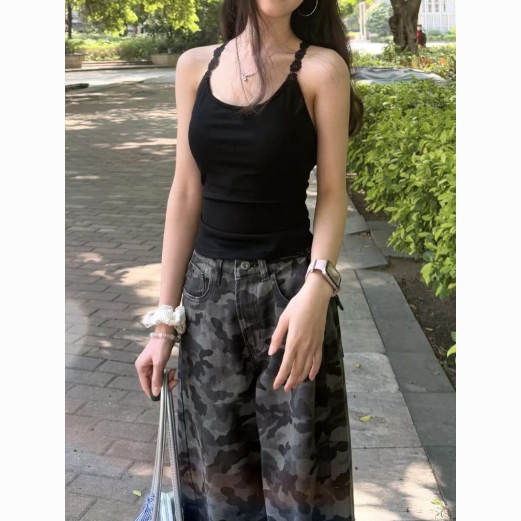 美式工裝闊腿迷彩牛仔褲女2026新款復古高腰寬松顯瘦直筒拖地褲子