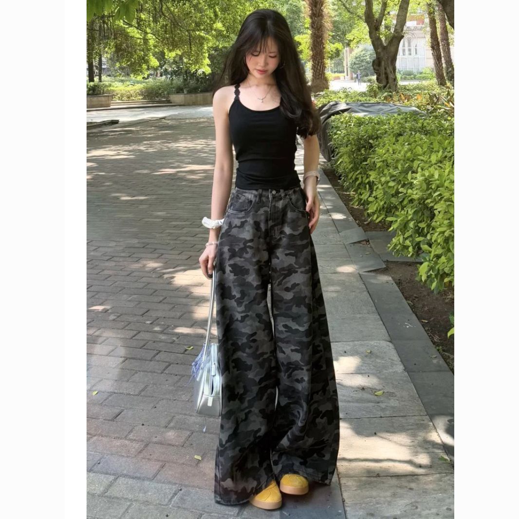 美式工裝闊腿迷彩牛仔褲女2026新款復古高腰寬松顯瘦直筒拖地褲子