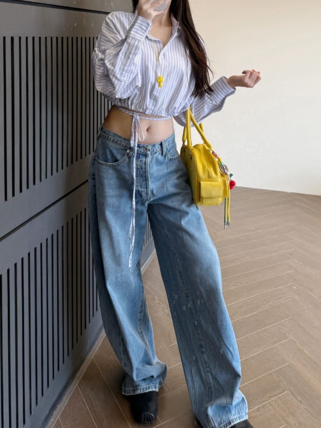 美式復古水洗藍燙鉆彎刀牛仔褲女2026春夏新款寬松顯瘦闊腿拖地褲