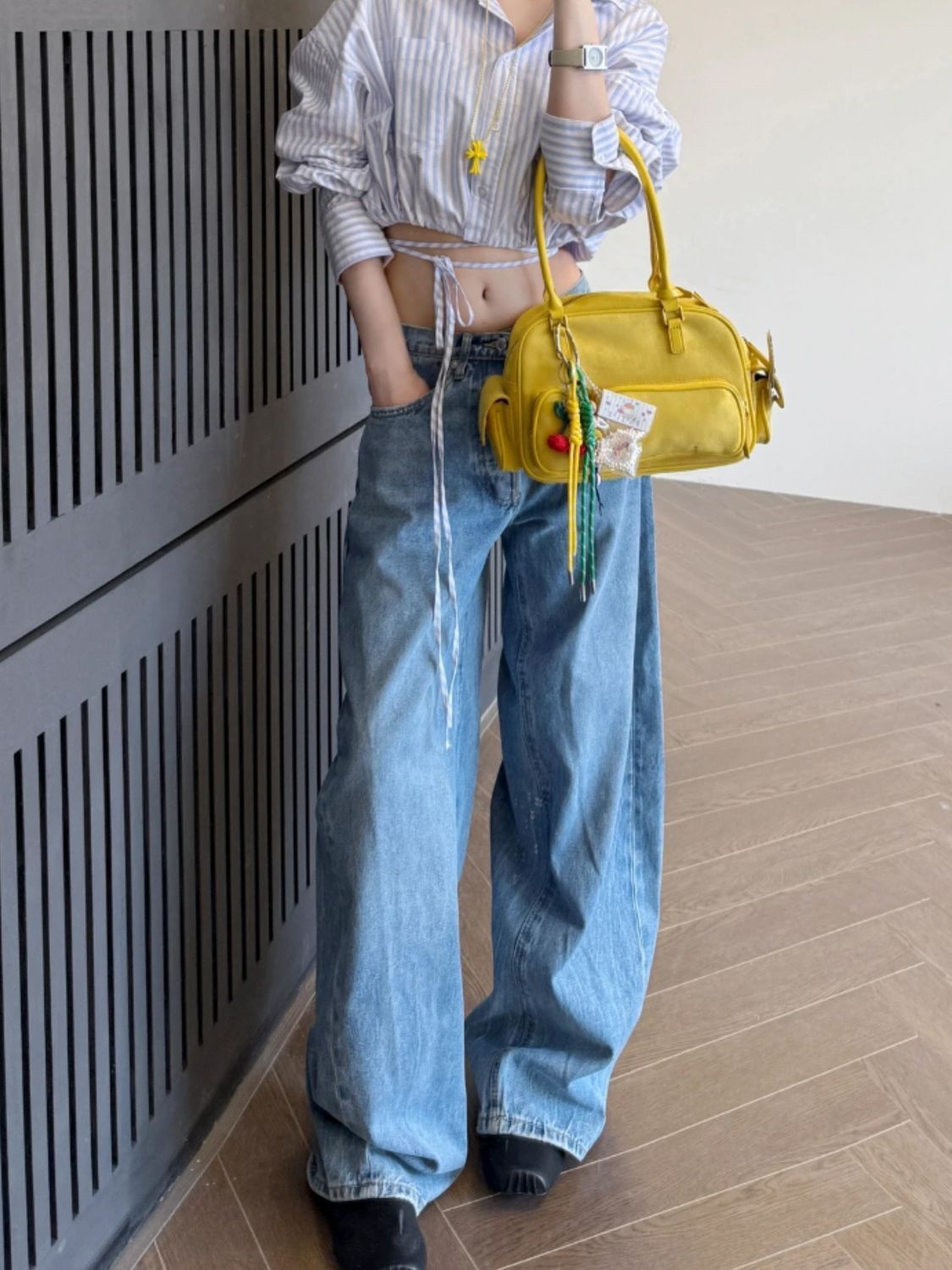 美式復古水洗藍燙鉆彎刀牛仔褲女2026春夏新款寬松顯瘦闊腿拖地褲