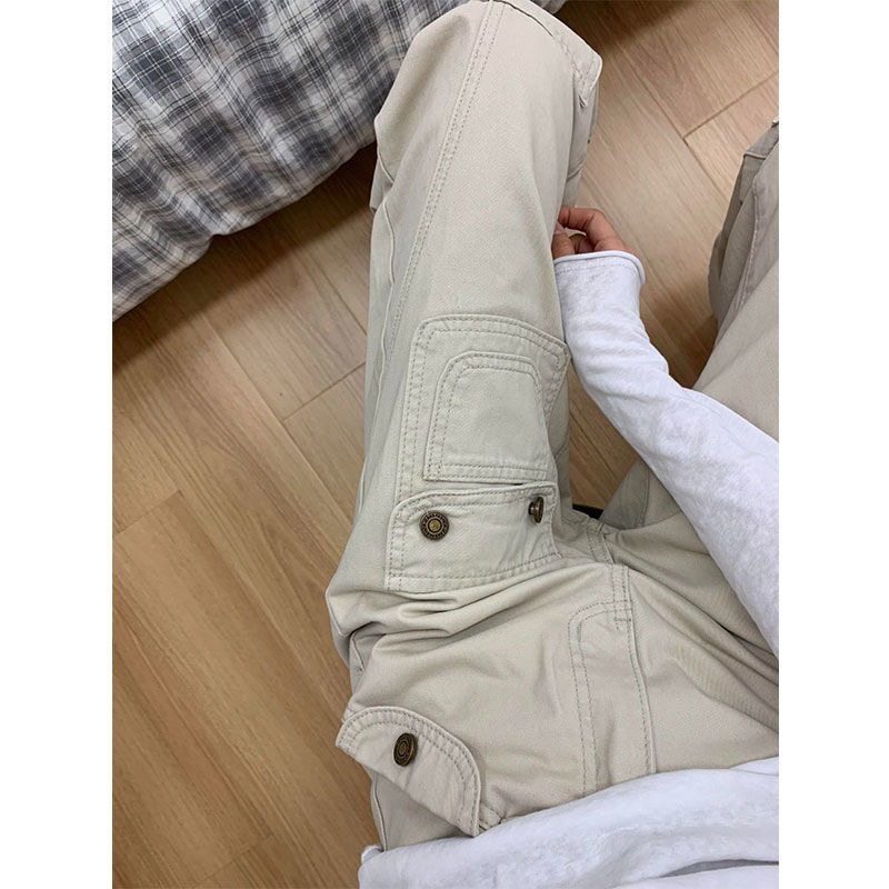 小個子美式設計感口袋工裝微喇牛仔褲女高腰寬松拖地褲