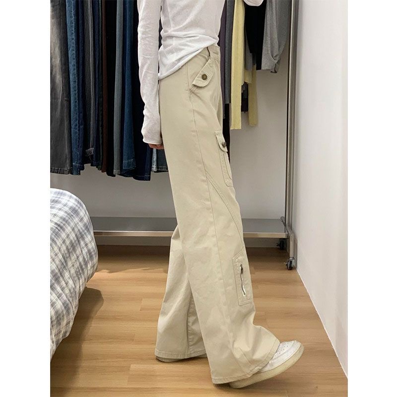小個子美式設計感口袋工裝微喇牛仔褲女高腰寬松拖地褲