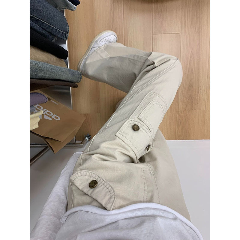 小個子美式設計感口袋工裝微喇牛仔褲女高腰寬松拖地褲