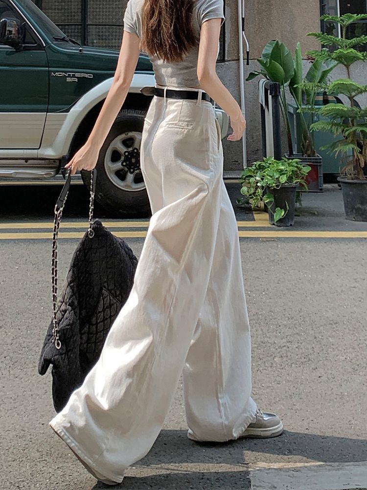 白色褶皺闊腿牛仔褲女春夏新款高腰顯瘦寬松慵懶顯高拖地褲高個子