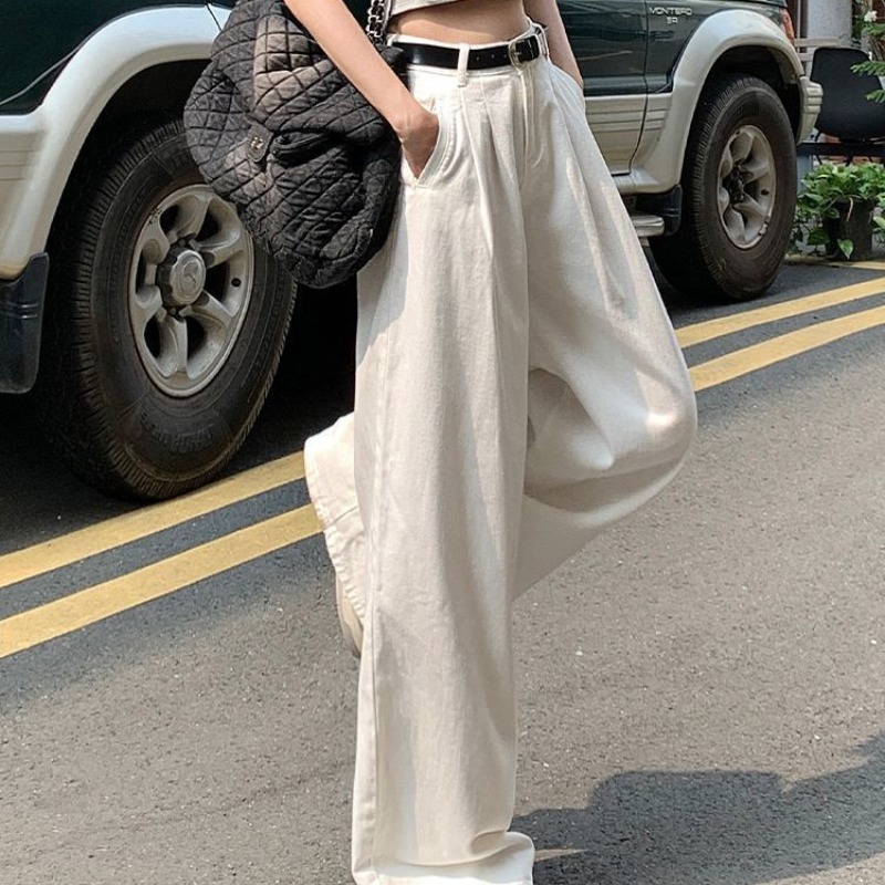 白色褶皺闊腿牛仔褲女春夏新款高腰顯瘦寬松慵懶顯高拖地褲高個子